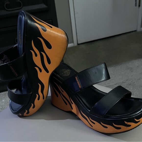 Harley-Davidson Shoes - Harley-Davidson Black Platform Wedge Sandals with Orange Flame Motif